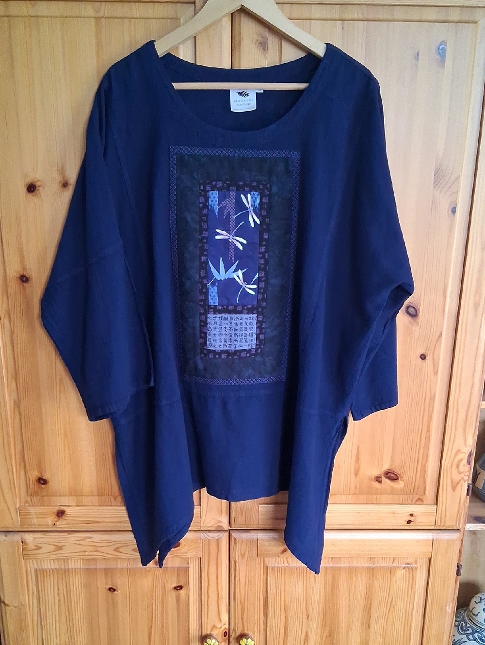 Brie Kriebel Navy Blue Cotton Lagenlook Boho Dragonfly Tunic Blouse Plus Size 1X